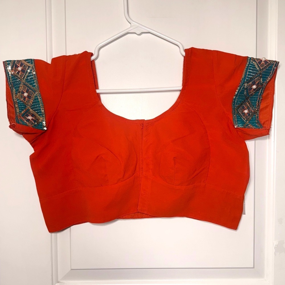 Vintage Indian Saree Blouse Choli Orange Embroidered Sequin Beaded Medium